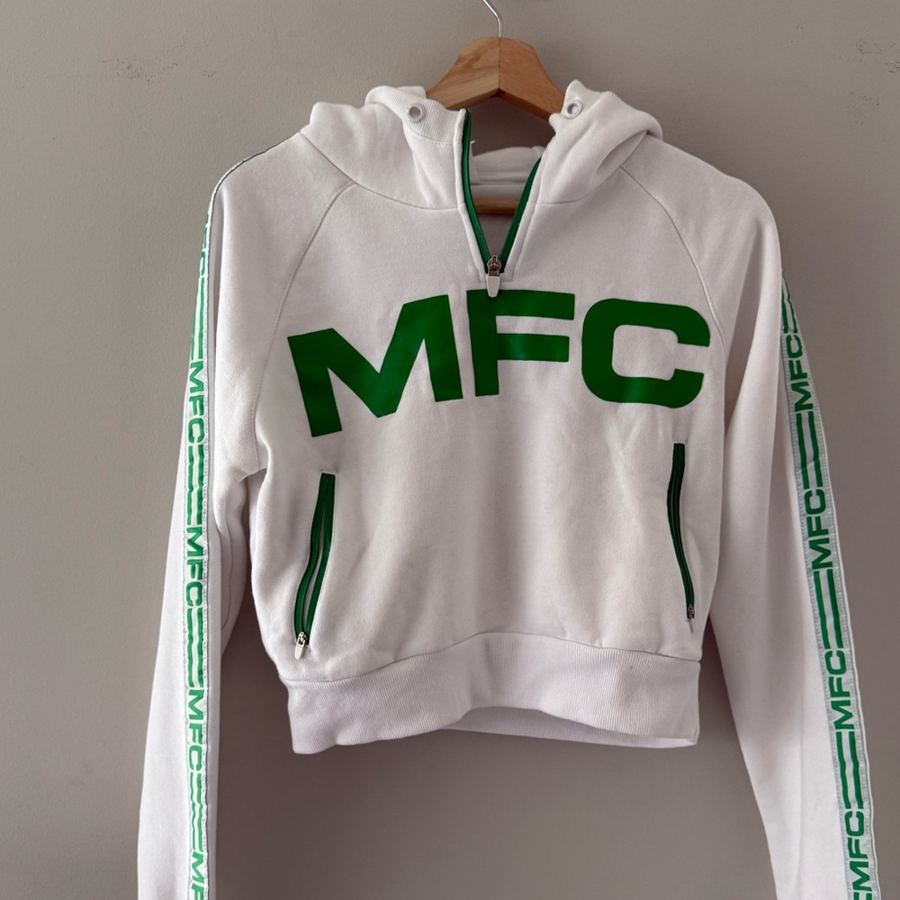 MFC White Hoodie Three-Quarter Zip with Green Accents
